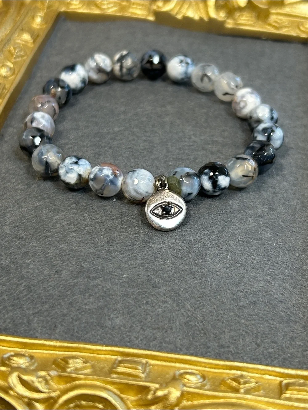 Dragon Vein Agate Stone Beaded Bracelet with 925 Sterling Eye Charm